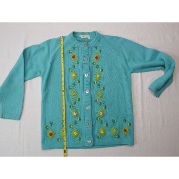 VTG Donovan Galvani Embroidered Cardigan Sweater Sz 38 M Aqua Blue Hong Kong - Picture 6 of 14